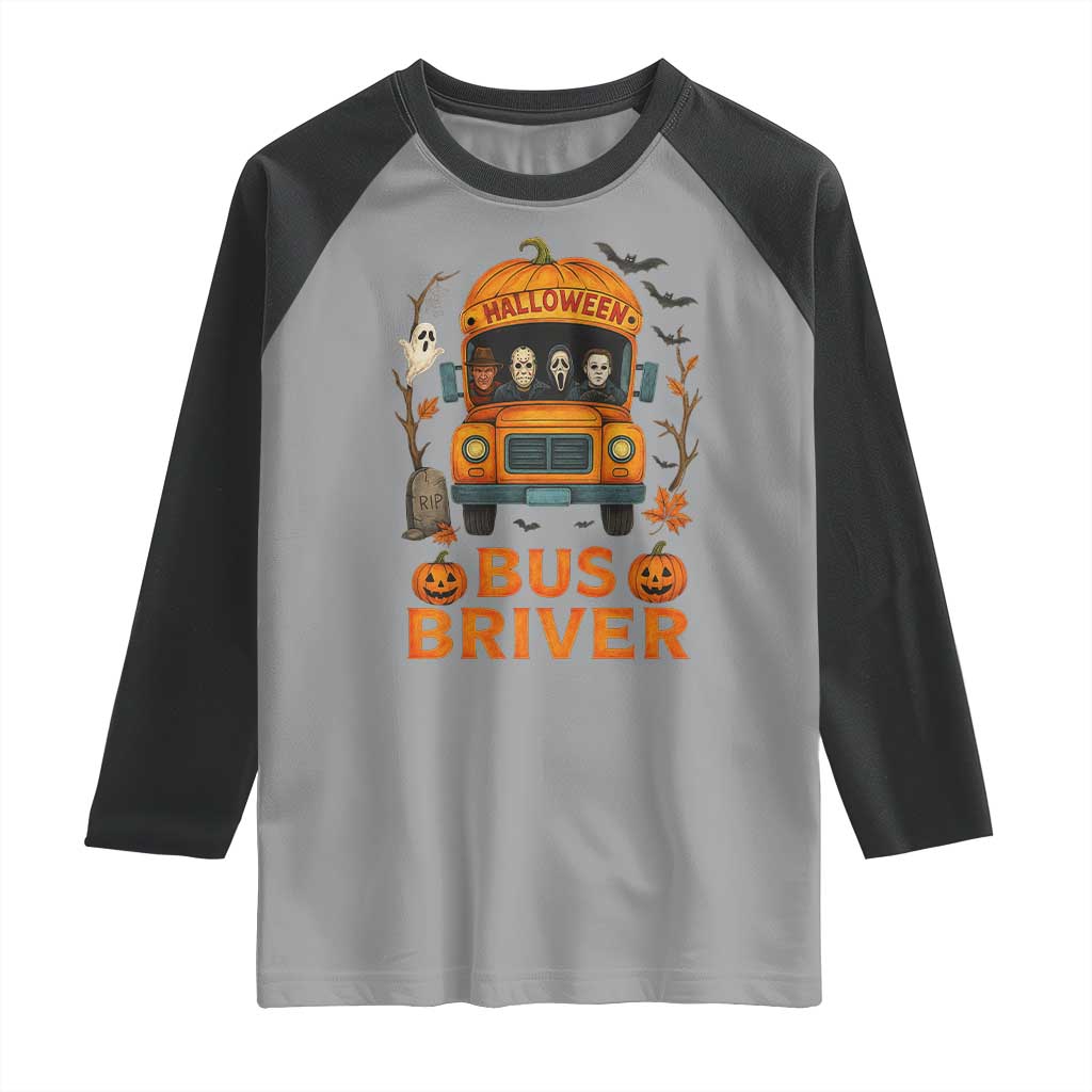 Funny Halloween Bus Driver Raglan Shirt Horror Slashers Pumpkin School Bus Spooky Season TS11 Sport Gray Black Print Your Wear