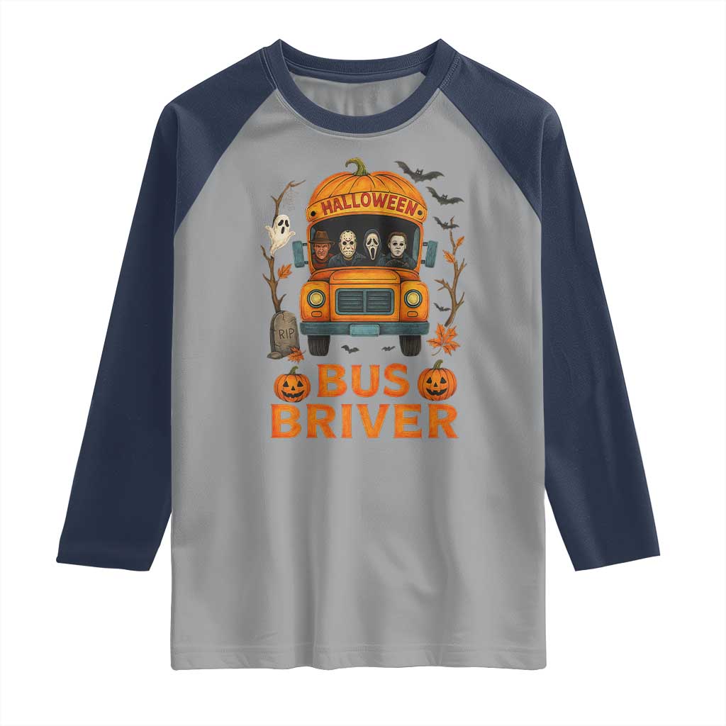 Funny Halloween Bus Driver Raglan Shirt Horror Slashers Pumpkin School Bus Spooky Season TS11 Sport Gray Navy Print Your Wear