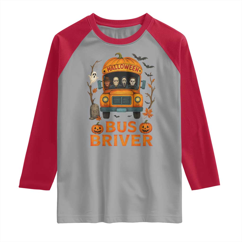 Funny Halloween Bus Driver Raglan Shirt Horror Slashers Pumpkin School Bus Spooky Season TS11 Sport Gray Red Print Your Wear