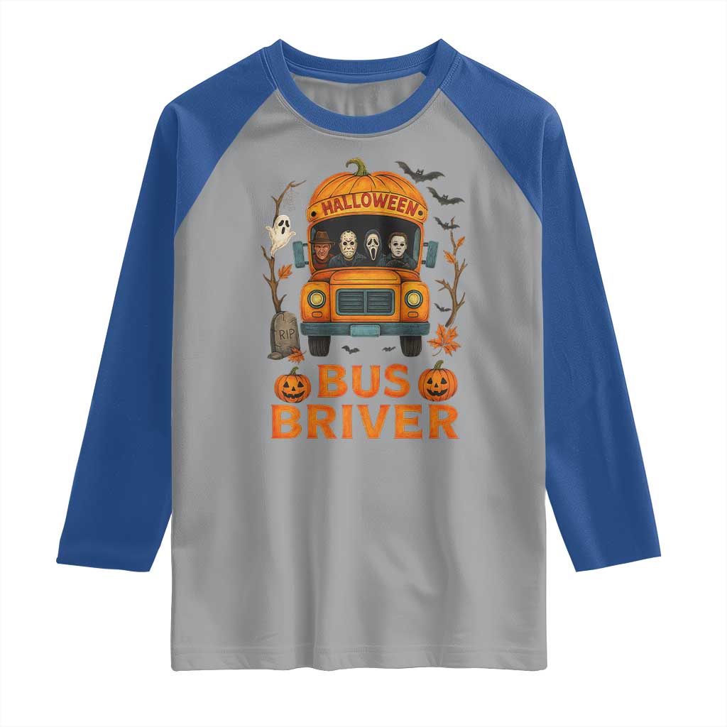 Funny Halloween Bus Driver Raglan Shirt Horror Slashers Pumpkin School Bus Spooky Season TS11 Sport Gray Royal Print Your Wear
