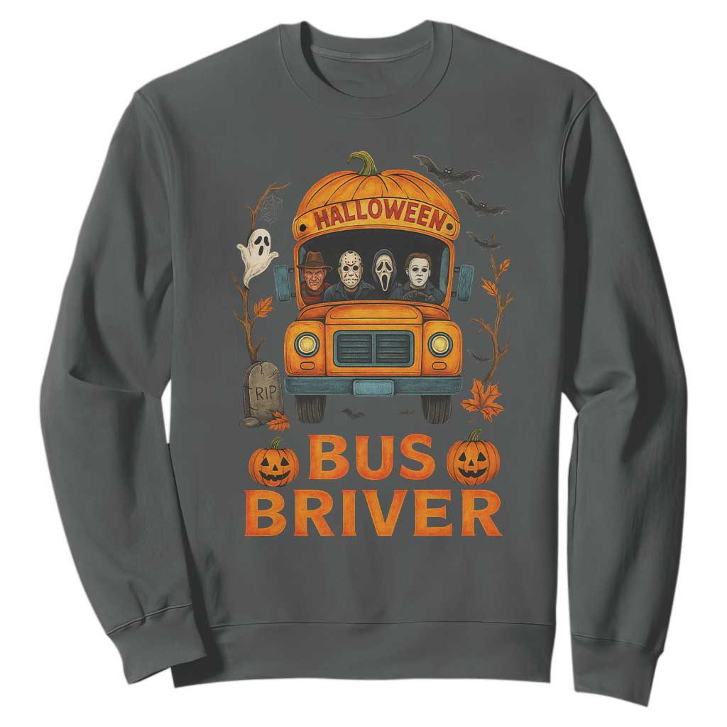 Funny Halloween Bus Driver Sweatshirt Horror Slashers Pumpkin School Bus Spooky Season TS11 Dark Heather Print Your Wear