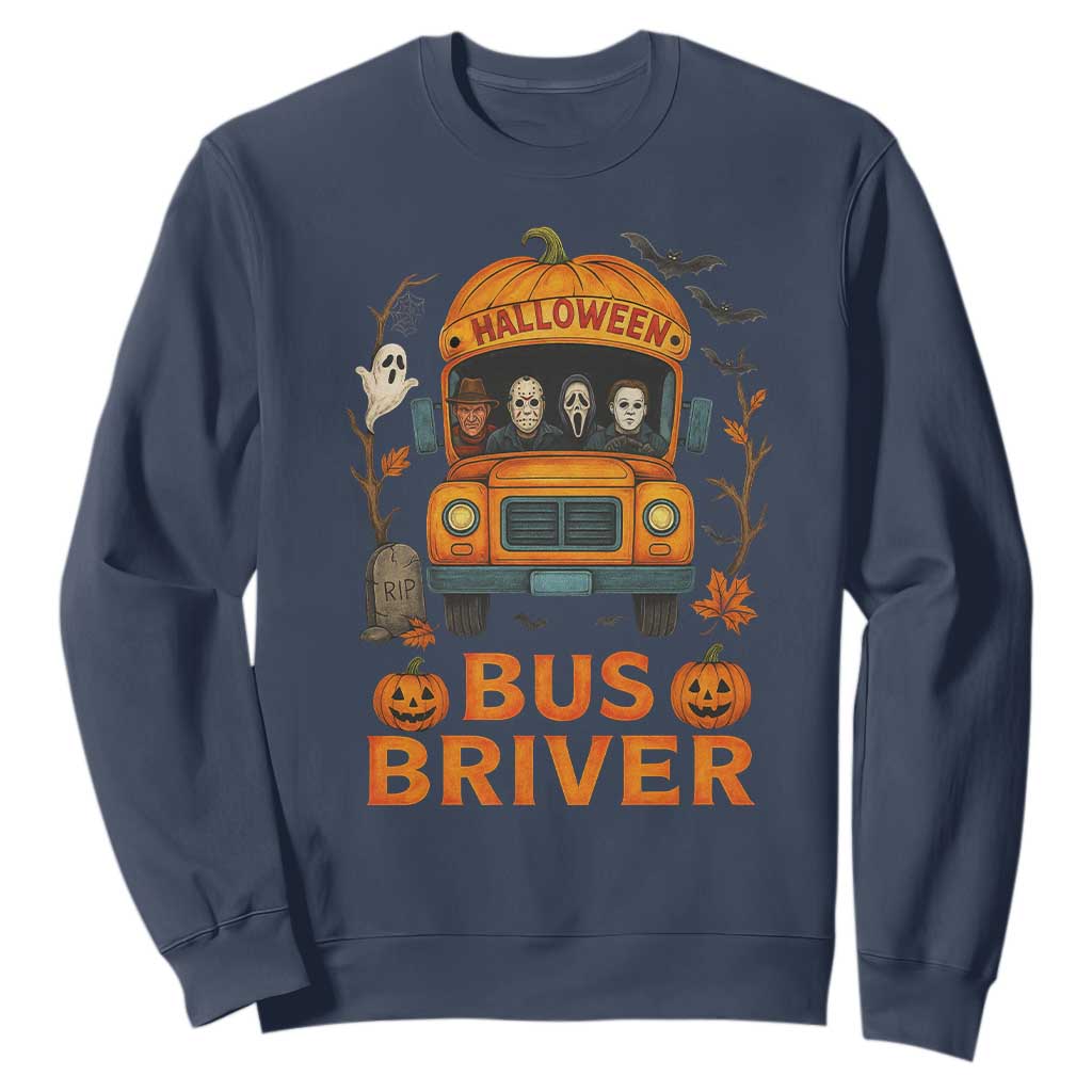Funny Halloween Bus Driver Sweatshirt Horror Slashers Pumpkin School Bus Spooky Season TS11 Navy Print Your Wear