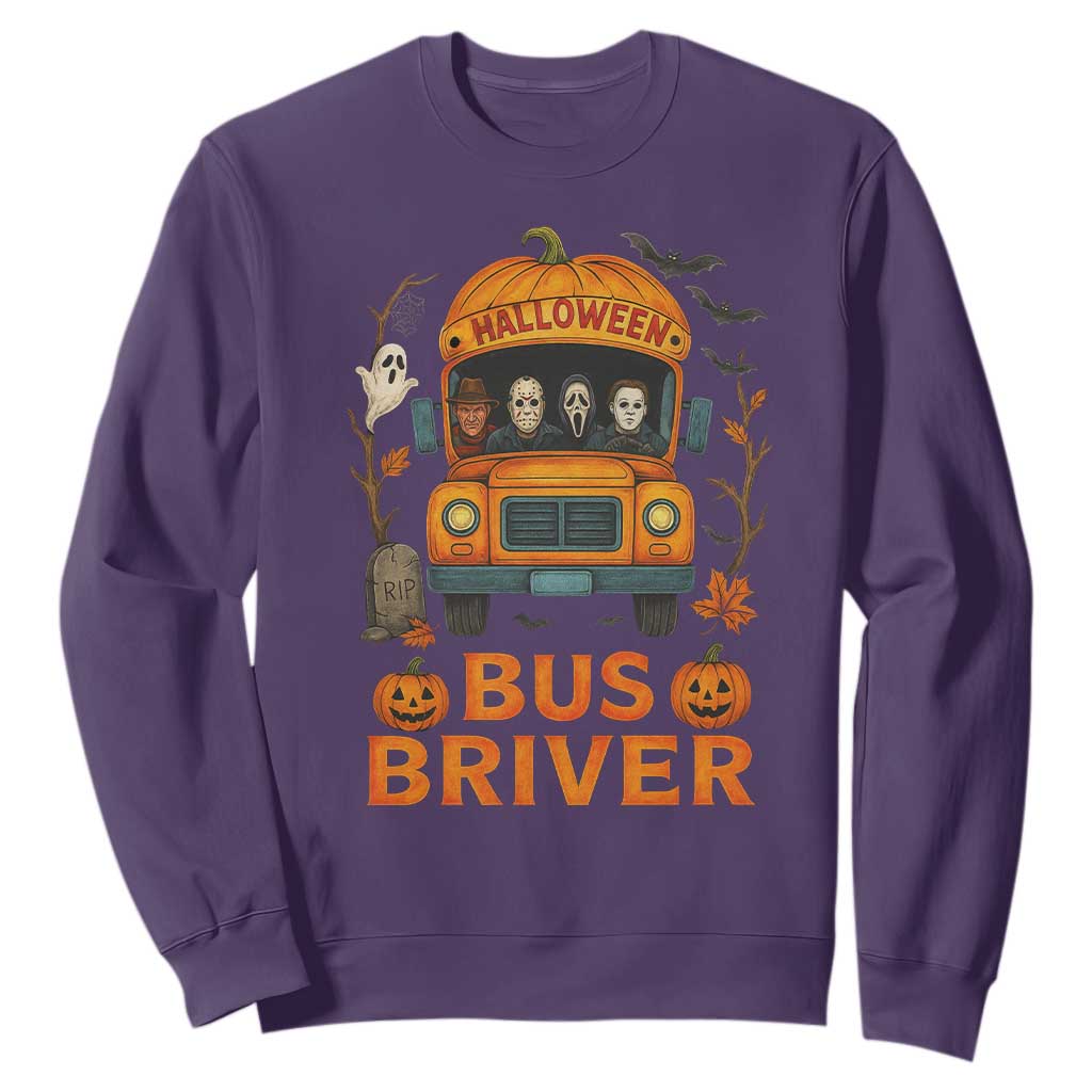 Funny Halloween Bus Driver Sweatshirt Horror Slashers Pumpkin School Bus Spooky Season TS11 Purple Print Your Wear