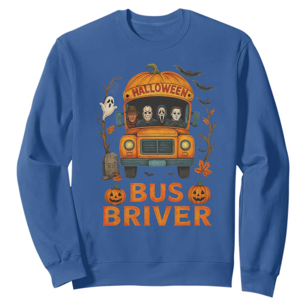 Funny Halloween Bus Driver Sweatshirt Horror Slashers Pumpkin School Bus Spooky Season TS11 Royal Blue Print Your Wear