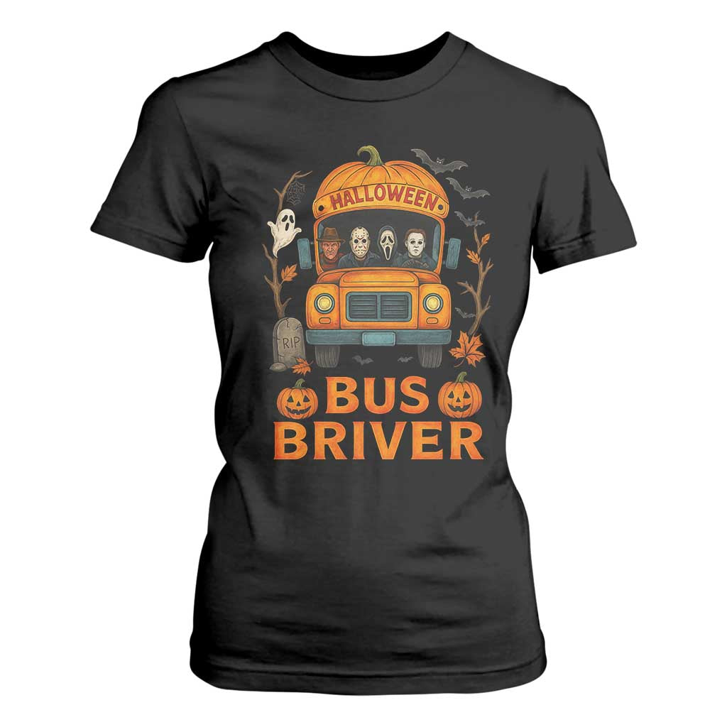 Funny Halloween Bus Driver T Shirt For Women Horror Slashers Pumpkin School Bus Spooky Season TS11 Black Print Your Wear