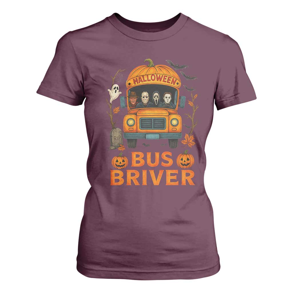 Funny Halloween Bus Driver T Shirt For Women Horror Slashers Pumpkin School Bus Spooky Season TS11 Maroon Print Your Wear