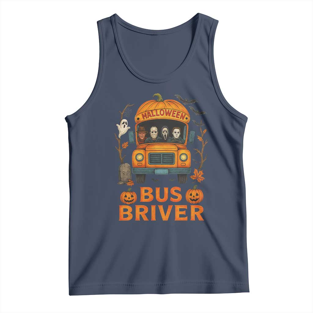 Funny Halloween Bus Driver Tank Top Horror Slashers Pumpkin School Bus Spooky Season TS11 Navy Print Your Wear