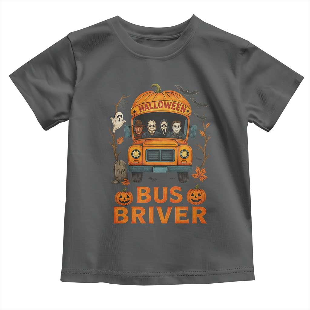 Funny Halloween Bus Driver Toddler T Shirt Horror Slashers Pumpkin School Bus Spooky Season TS11 Dark Heather Print Your Wear