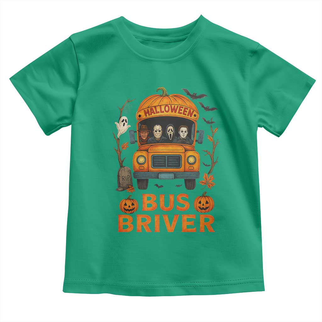 Funny Halloween Bus Driver Toddler T Shirt Horror Slashers Pumpkin School Bus Spooky Season TS11 Irish Green Print Your Wear