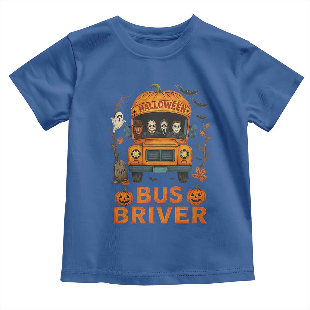 Funny Halloween Bus Driver Toddler T Shirt Horror Slashers Pumpkin School Bus Spooky Season TS11 Royal Blue Print Your Wear