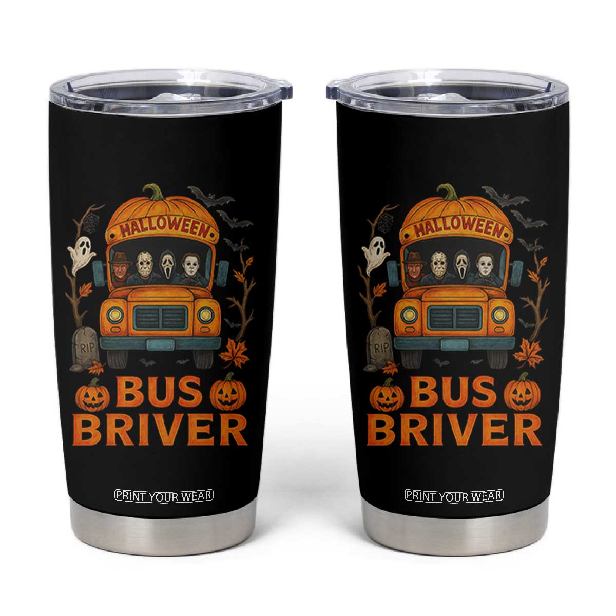 Funny Halloween Bus Driver Tumbler Cup Horror Slashers Pumpkin School Bus Spooky Season TS11 Black Print Your Wear