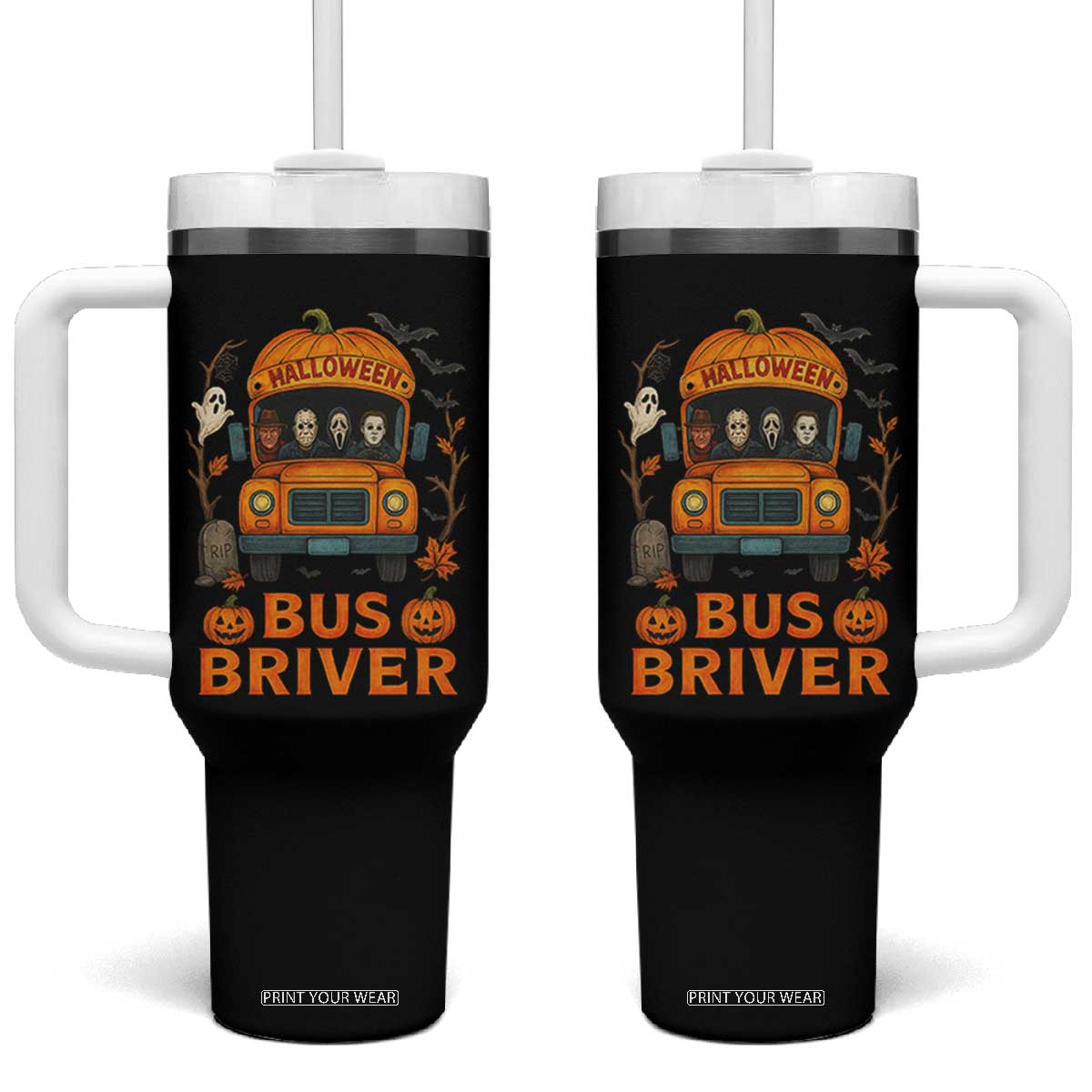 Funny Halloween Bus Driver Tumbler With Handle Horror Slashers Pumpkin School Bus Spooky Season TS11 One Size: 40 oz Black Print Your Wear