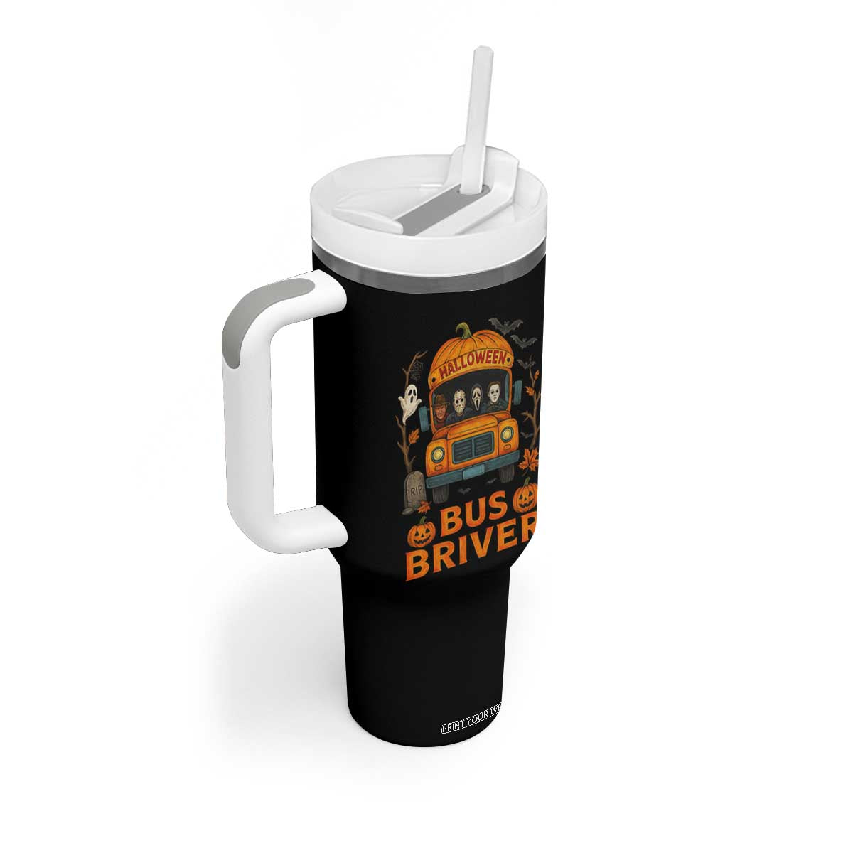 Funny Halloween Bus Driver Tumbler With Handle Horror Slashers Pumpkin School Bus Spooky Season TS11 Print Your Wear