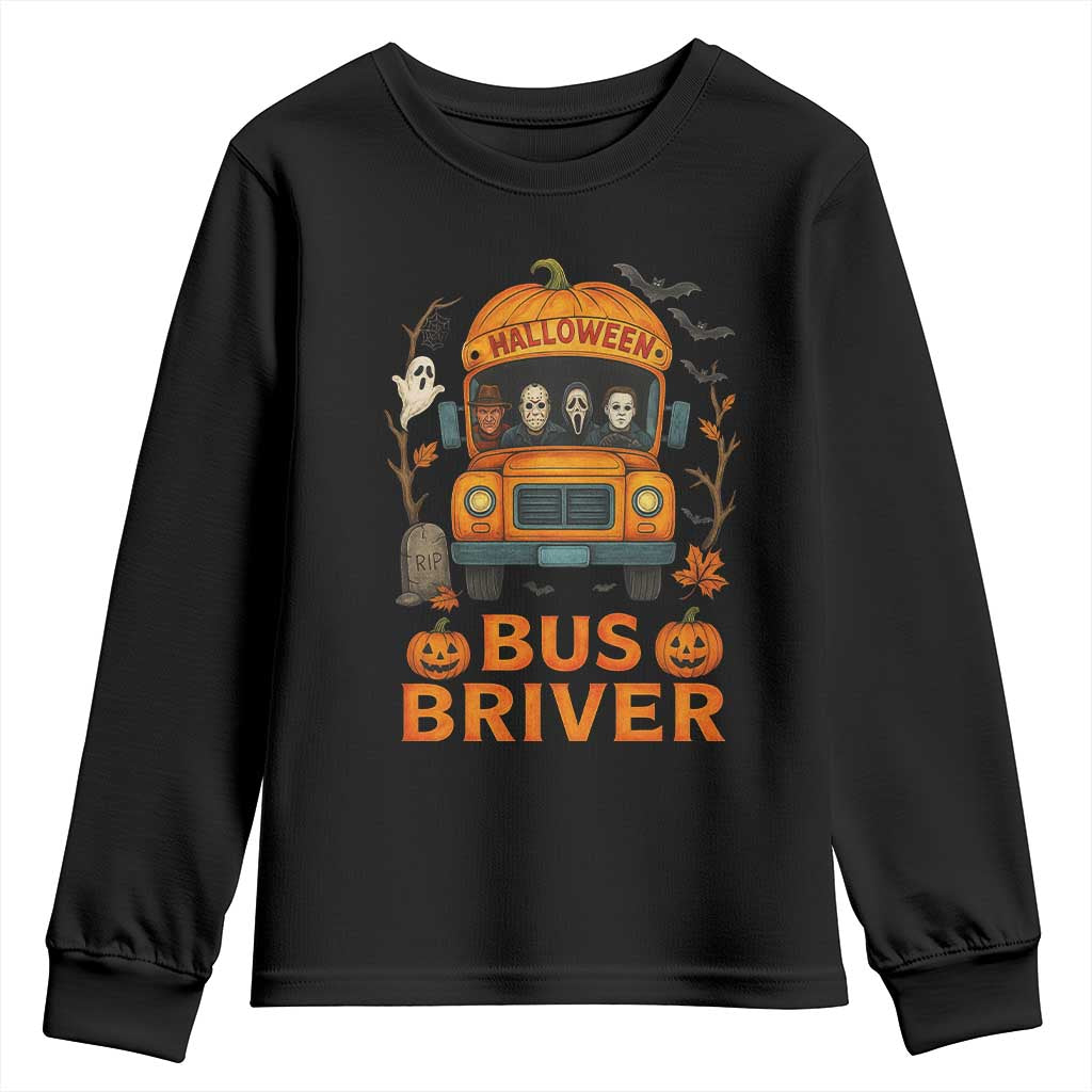 Funny Halloween Bus Driver Youth Sweatshirt Horror Slashers Pumpkin School Bus Spooky Season TS11 Black Print Your Wear