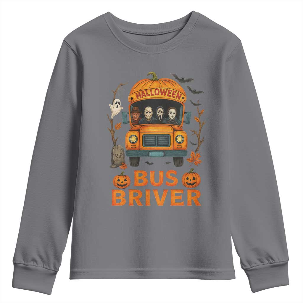 Funny Halloween Bus Driver Youth Sweatshirt Horror Slashers Pumpkin School Bus Spooky Season TS11 Charcoal Print Your Wear