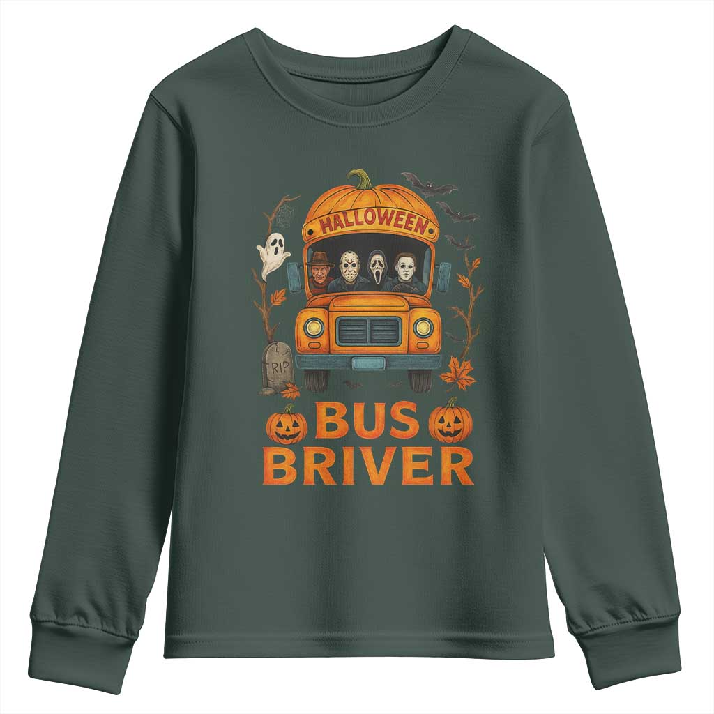 Funny Halloween Bus Driver Youth Sweatshirt Horror Slashers Pumpkin School Bus Spooky Season TS11 Dark Forest Green Print Your Wear