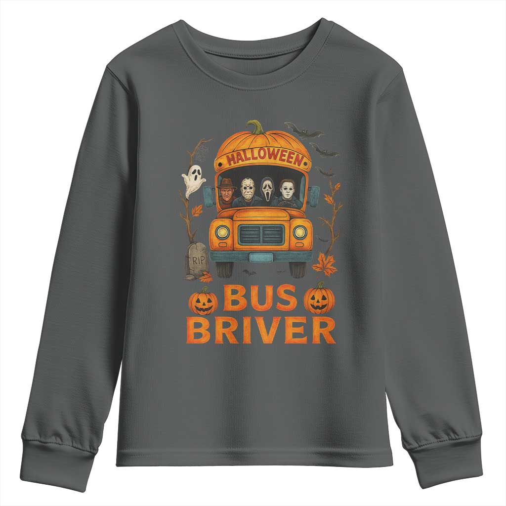 Funny Halloween Bus Driver Youth Sweatshirt Horror Slashers Pumpkin School Bus Spooky Season TS11 Dark Heather Print Your Wear
