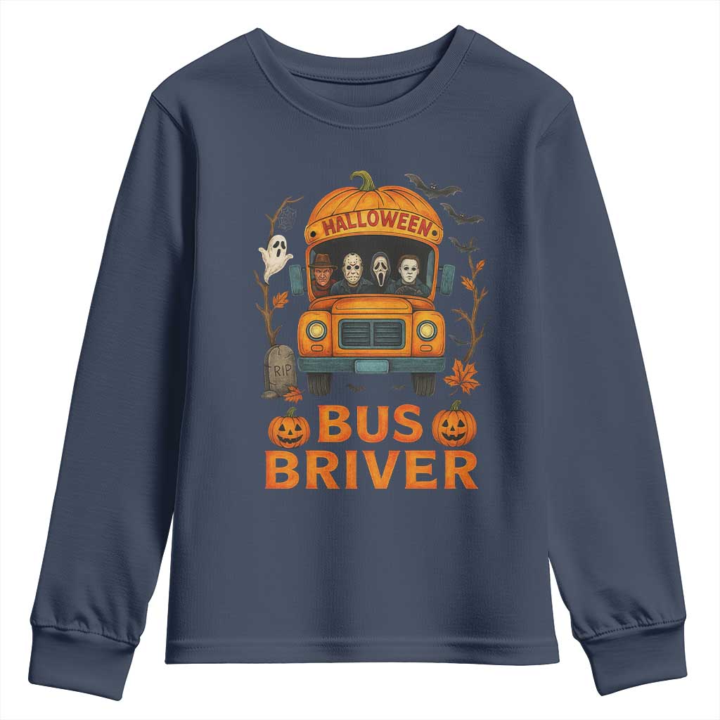 Funny Halloween Bus Driver Youth Sweatshirt Horror Slashers Pumpkin School Bus Spooky Season TS11 Navy Print Your Wear