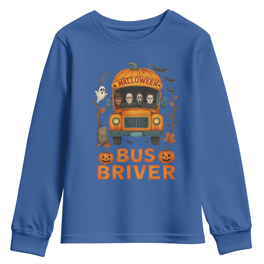 Funny Halloween Bus Driver Youth Sweatshirt Horror Slashers Pumpkin School Bus Spooky Season TS11 Royal Blue Print Your Wear