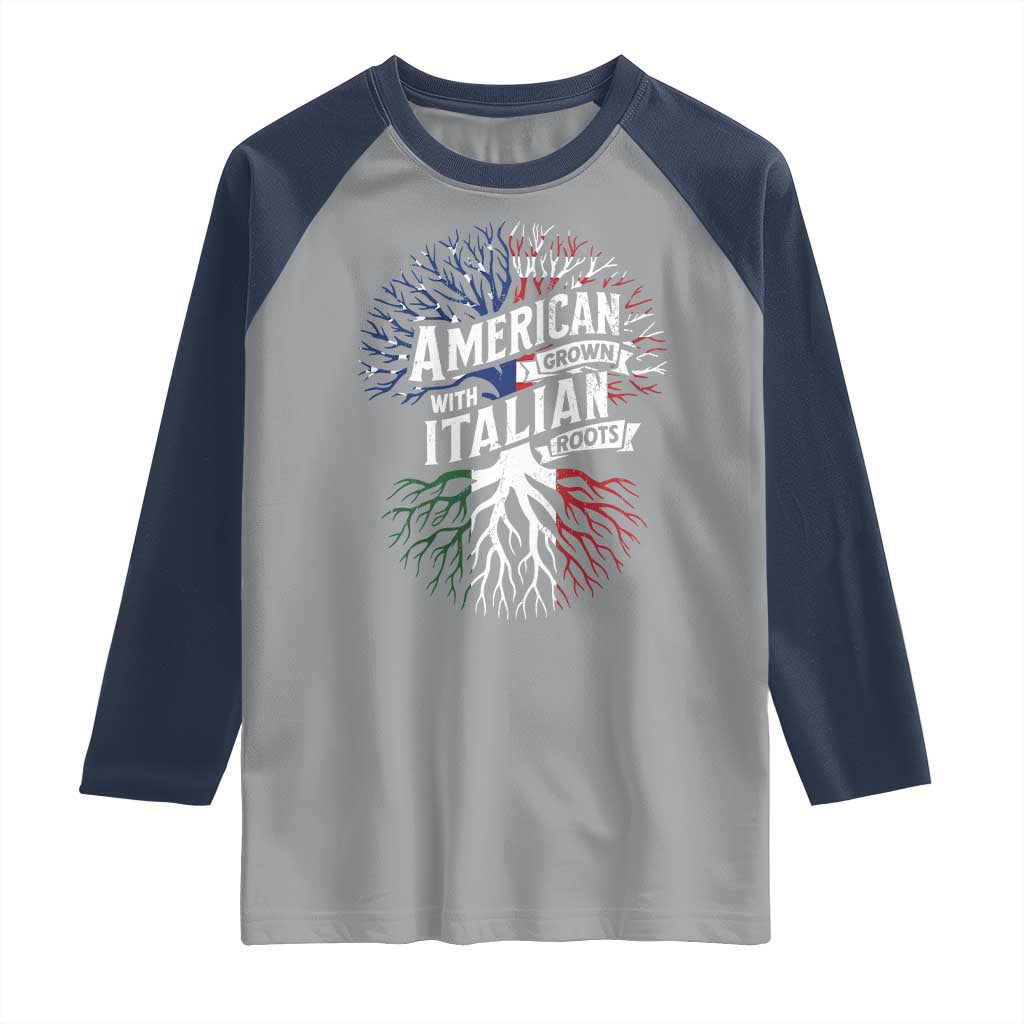 American Grown With Italian Roots Raglan Shirt Family Tree Italy Flag TS11 Sport Gray Navy Print Your Wear