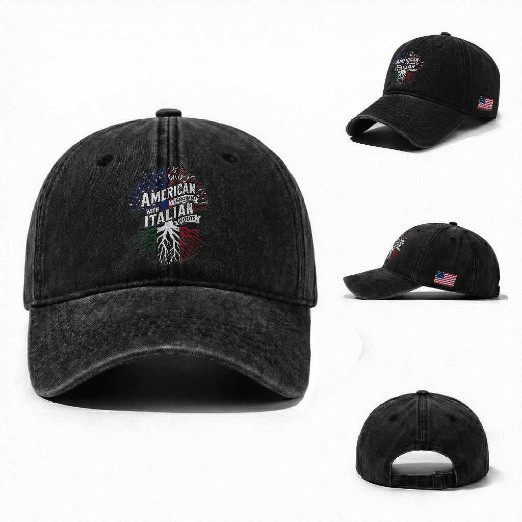American Grown With Italian Roots Washed Cotton Baseball Cap Family Tree Italy Flag TS11 Washed Cap Universal Fit Black Print Your Wear