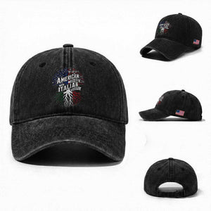 American Grown With Italian Roots Washed Cotton Baseball Cap Family Tree Italy Flag TS11 Washed Cap Universal Fit Black Print Your Wear