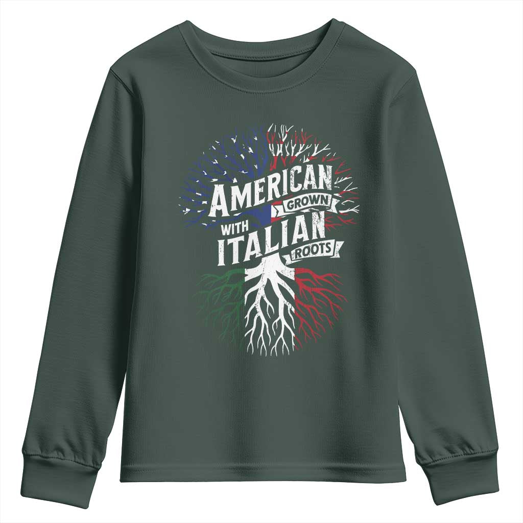 American Grown With Italian Roots Youth Sweatshirt Family Tree Italy Flag TS11 Dark Forest Green Print Your Wear