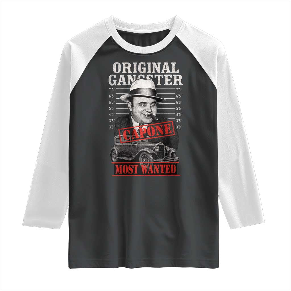 Original Gangster Most Wanted Al Capone Raglan Shirt Italian American Mafia TS11 Black White Print Your Wear