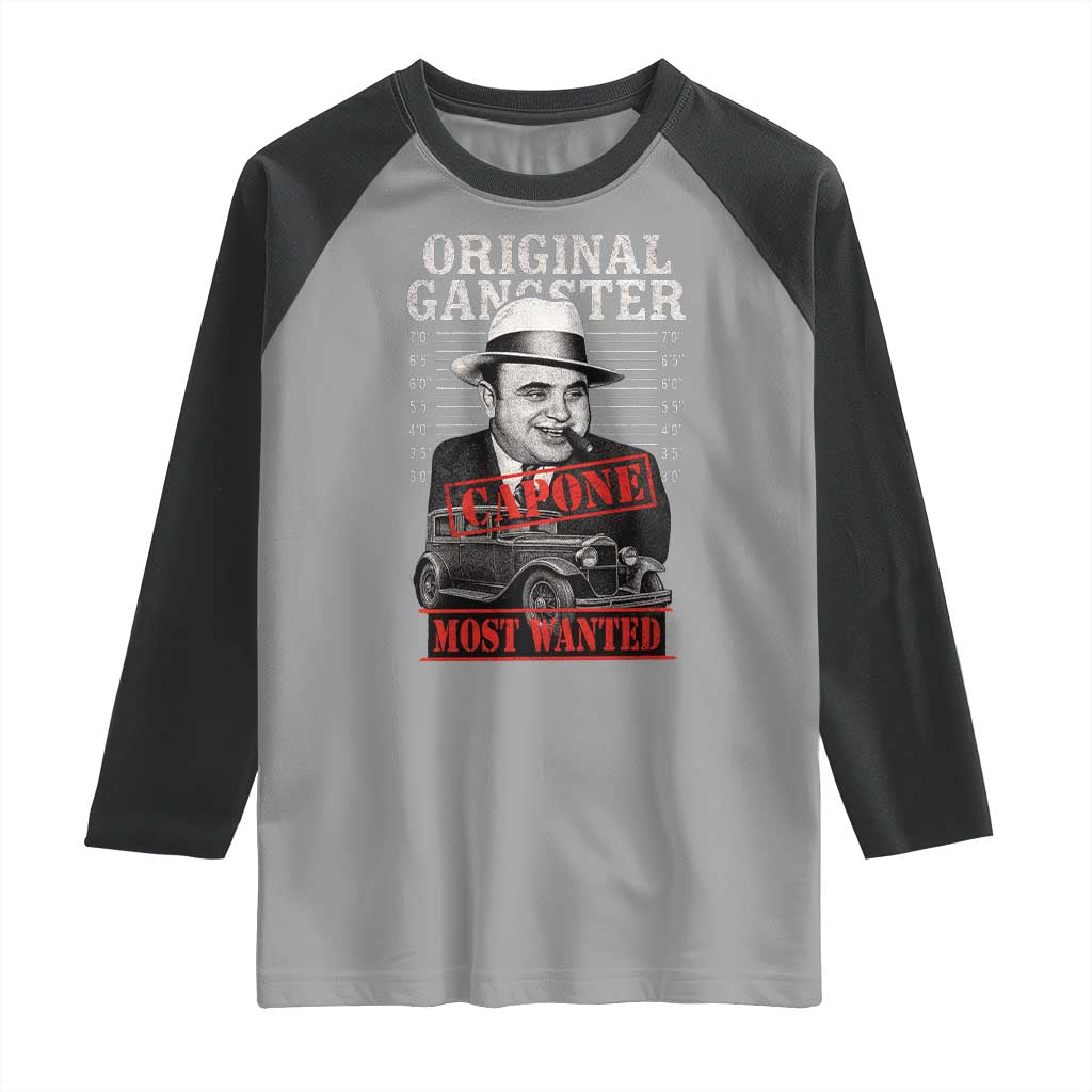 Original Gangster Most Wanted Al Capone Raglan Shirt Italian American Mafia TS11 Sport Gray Black Print Your Wear