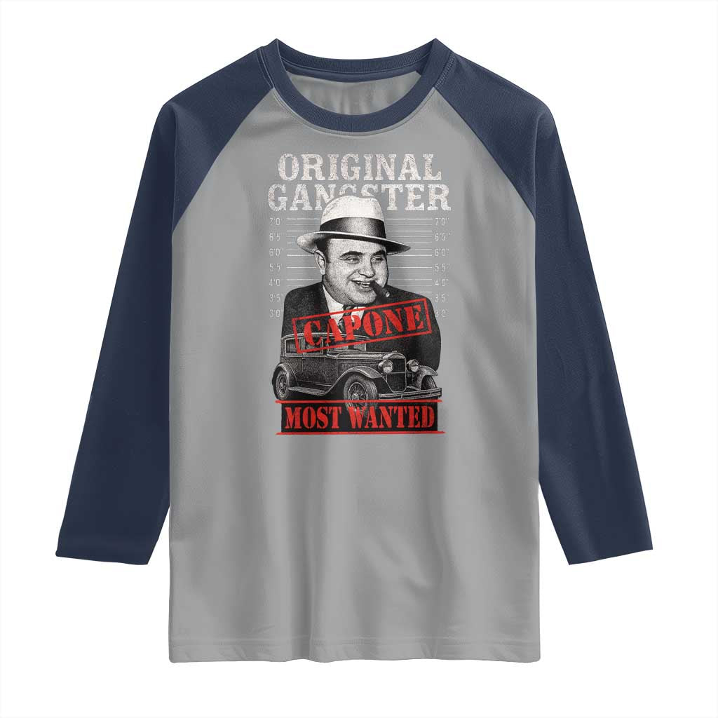 Original Gangster Most Wanted Al Capone Raglan Shirt Italian American Mafia TS11 Sport Gray Navy Print Your Wear