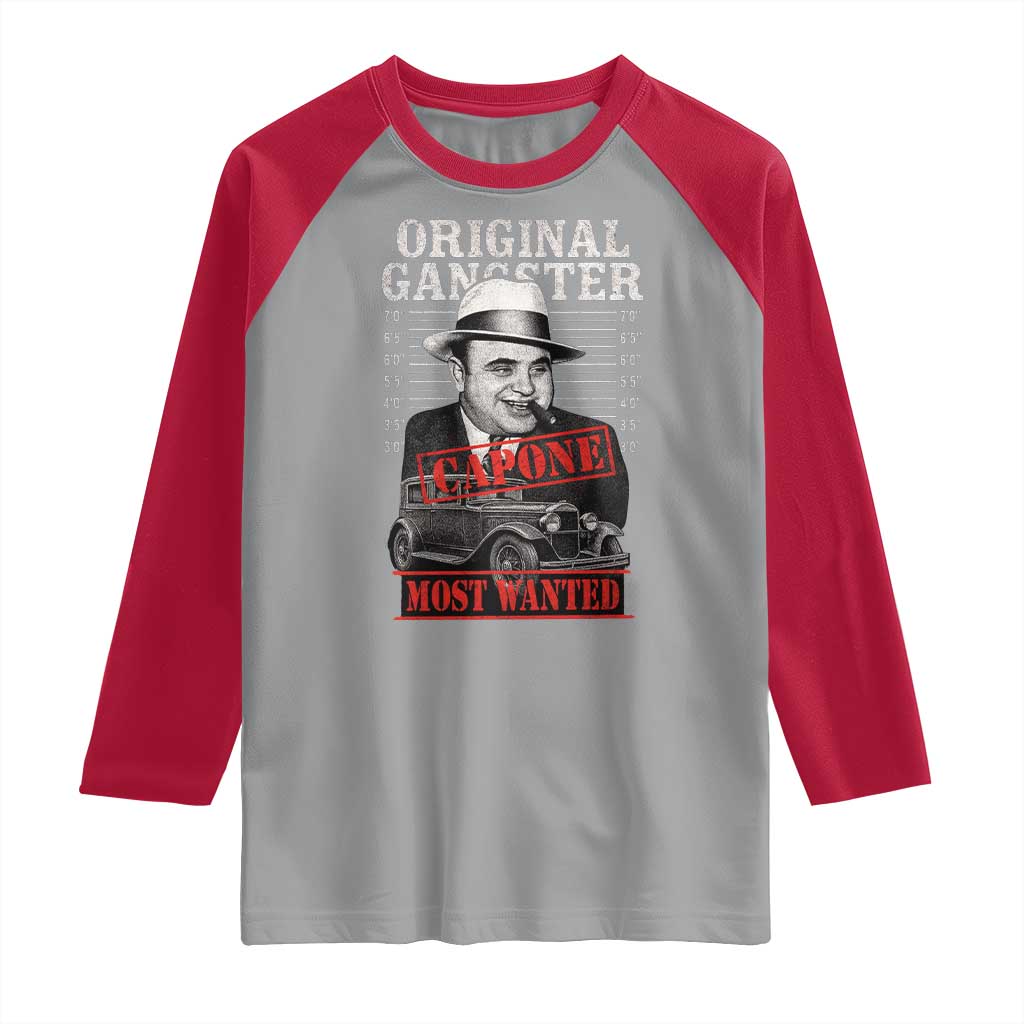 Original Gangster Most Wanted Al Capone Raglan Shirt Italian American Mafia TS11 Sport Gray Red Print Your Wear