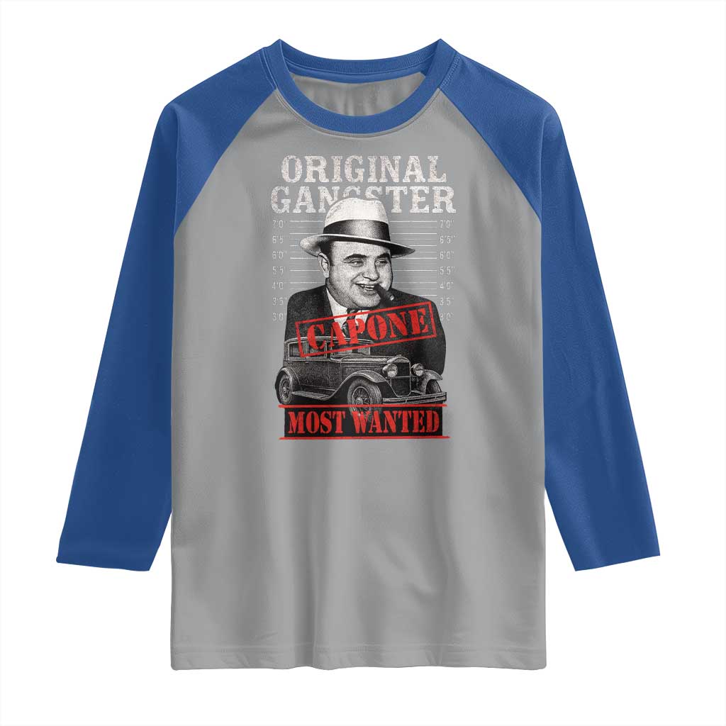 Original Gangster Most Wanted Al Capone Raglan Shirt Italian American Mafia TS11 Sport Gray Royal Print Your Wear