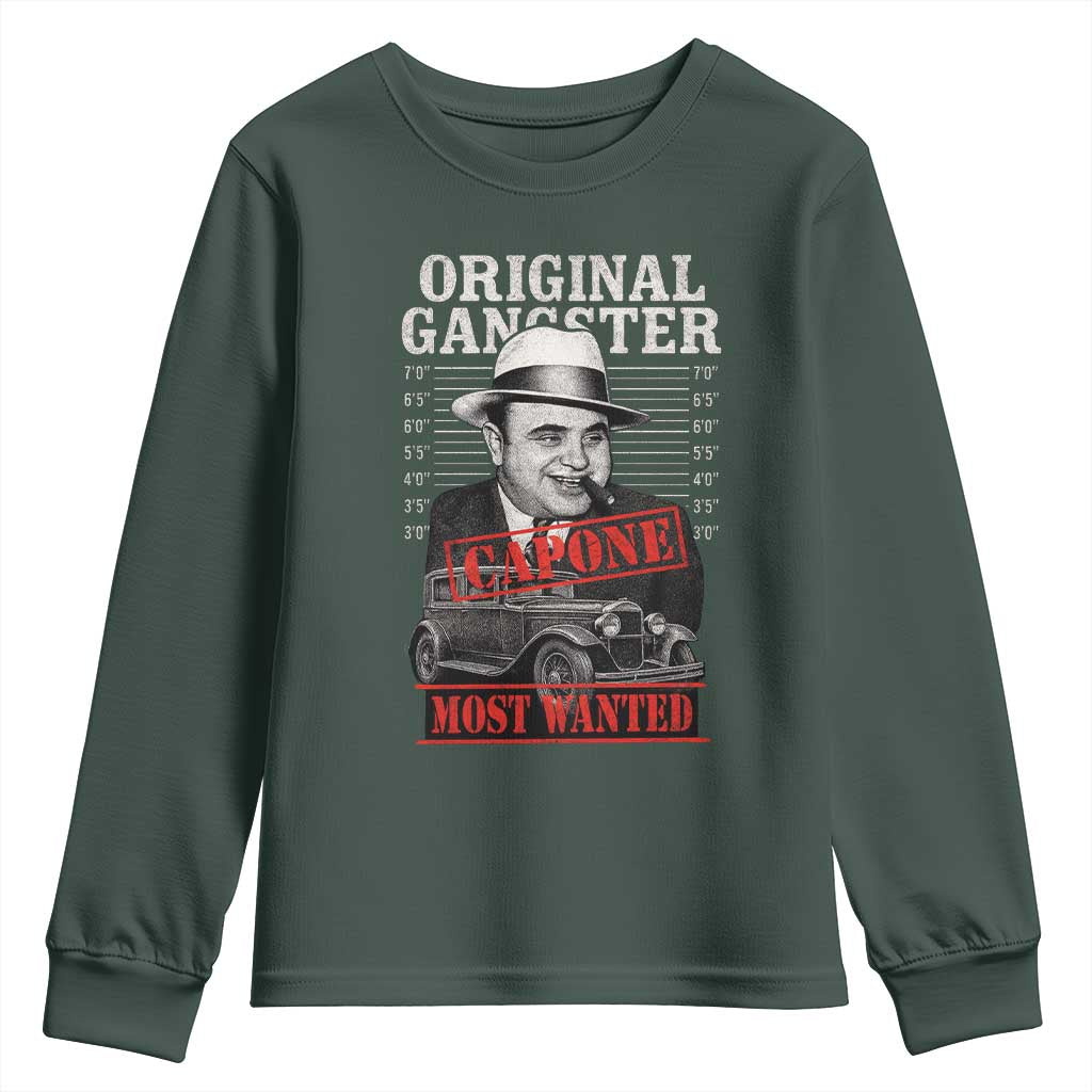 Original Gangster Most Wanted Al Capone Youth Sweatshirt Italian American Mafia TS11 Dark Forest Green Print Your Wear