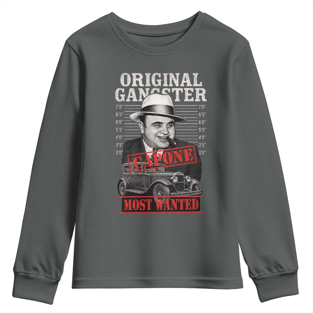 Original Gangster Most Wanted Al Capone Youth Sweatshirt Italian American Mafia TS11 Dark Heather Print Your Wear
