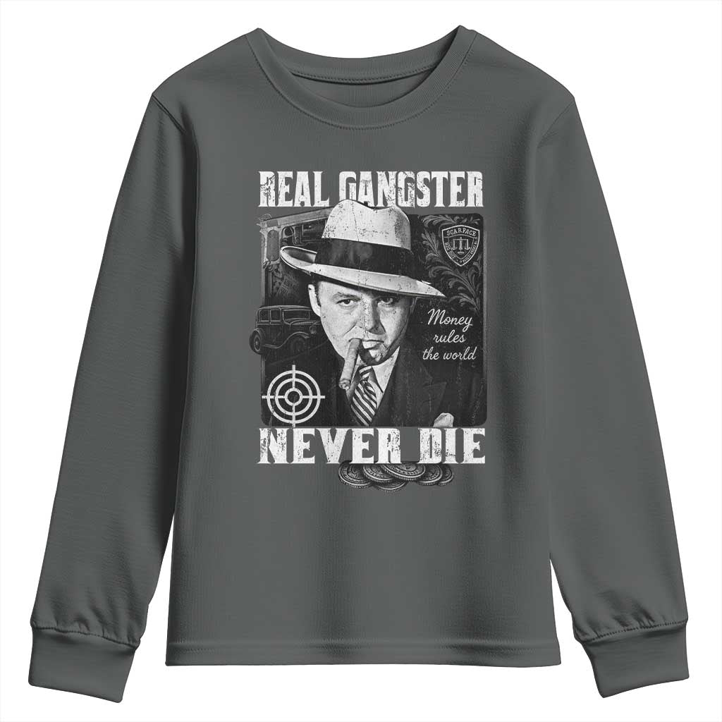 Al Capone Youth Sweatshirt Real Ganster Never Die Italian American Mafia TS11 Dark Heather Print Your Wear