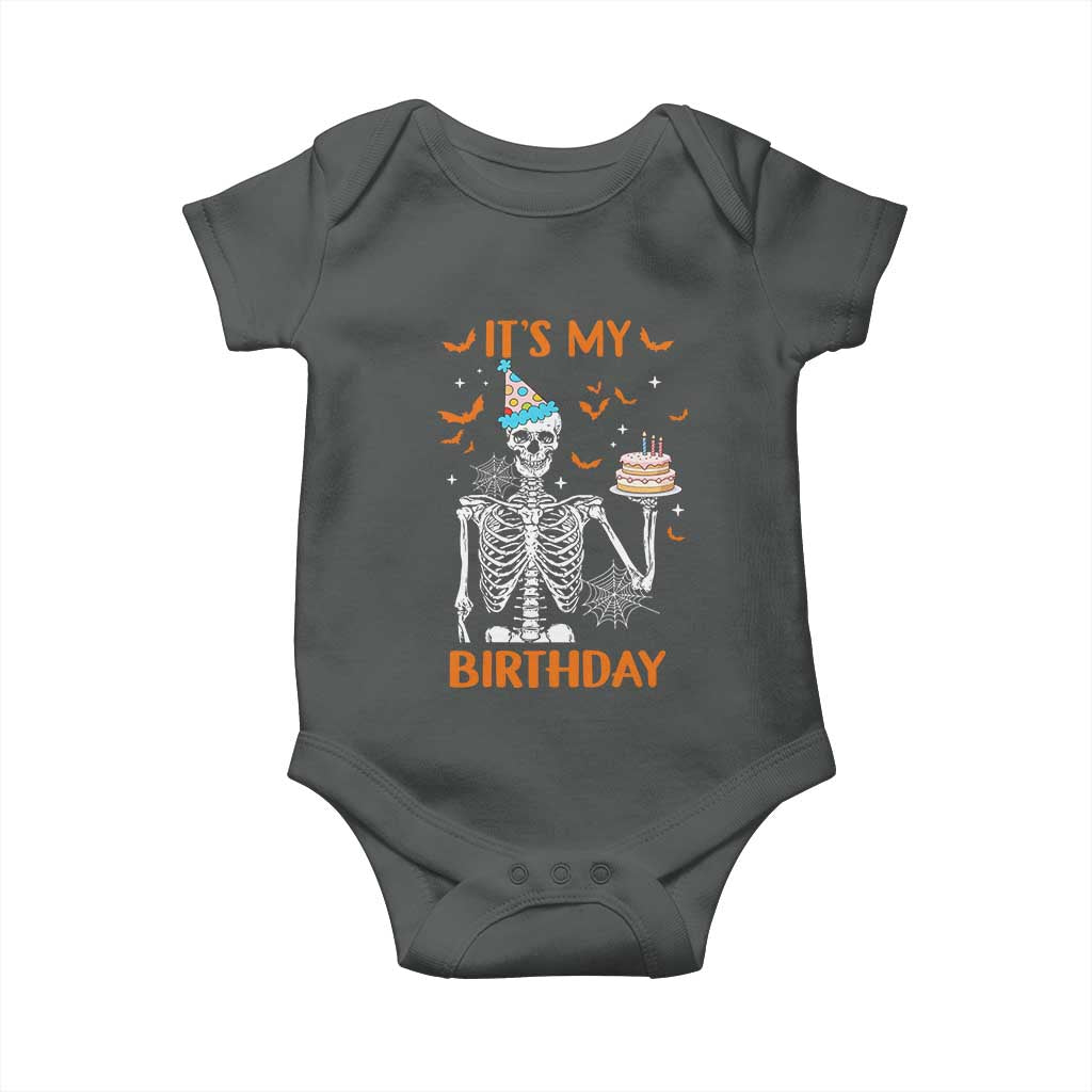 Funny Halloween Birthday Baby Onesie Its My Bday Skeleton Cake Party TS11 Dark Heather Print Your Wear