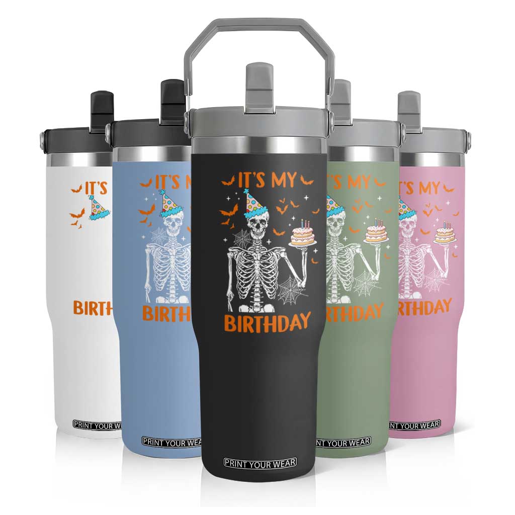 Funny Halloween Birthday Flip Straw Tumbler Its My Bday Skeleton Cake Party TS11 Print Your Wear
