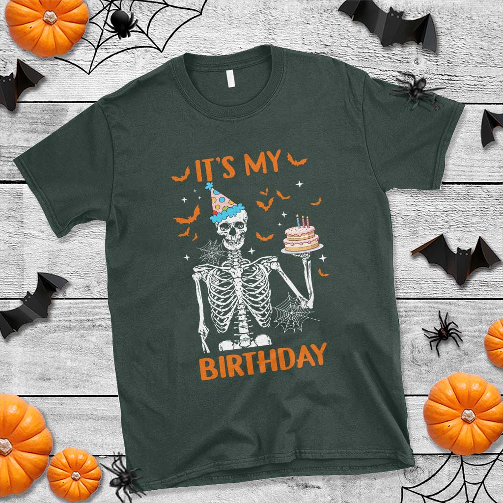 Funny Halloween Birthday T Shirt Its My Bday Skeleton Cake Party TS11 Dark Forest Green Print Your Wear