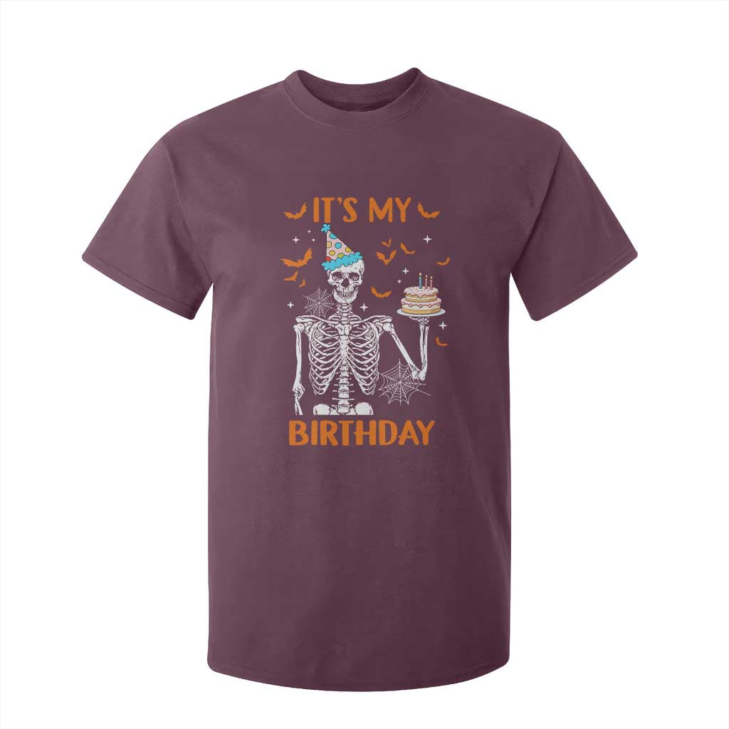 Funny Halloween Birthday T Shirt For Kid Its My Bday Skeleton Cake Party TS11 Maroon Print Your Wear
