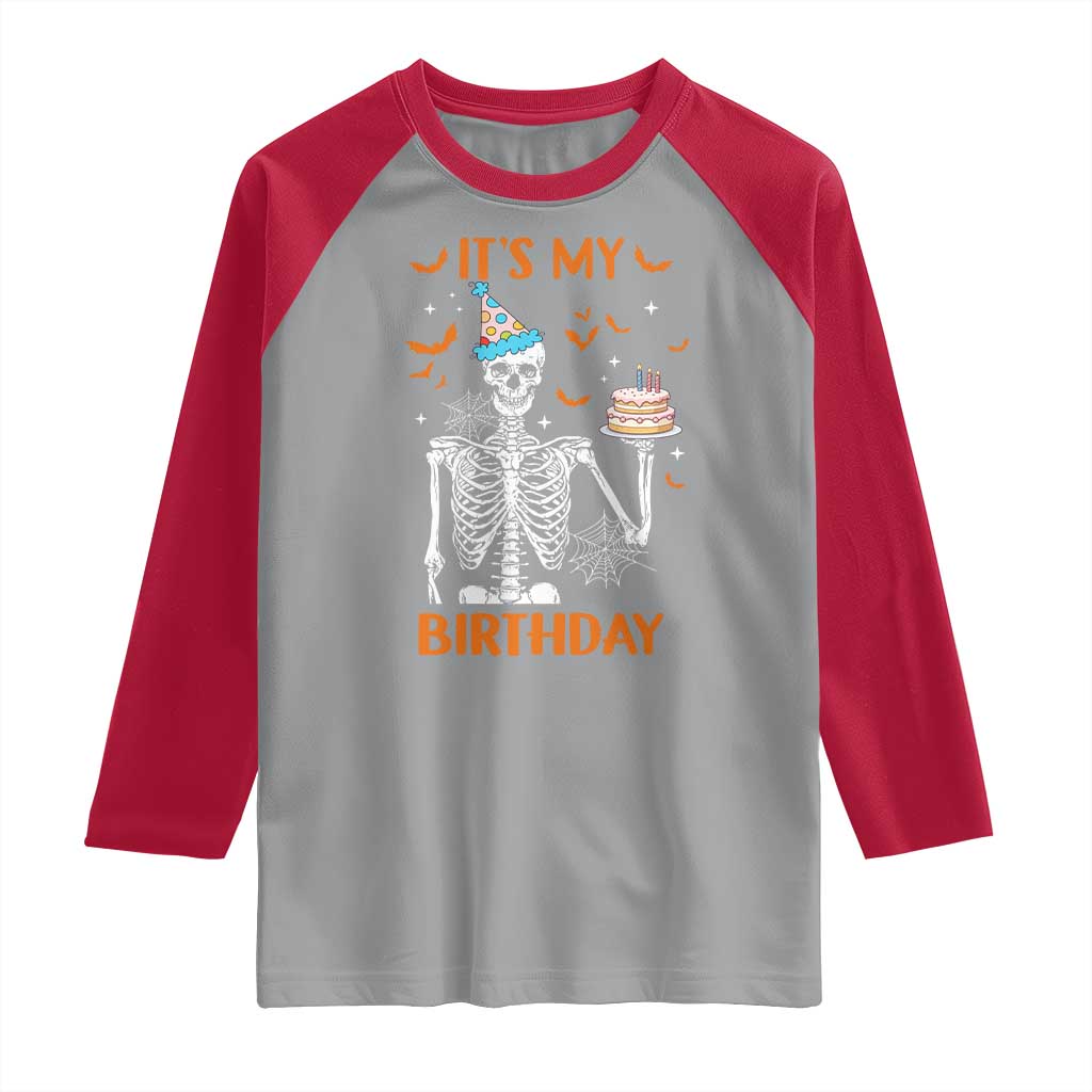 Funny Halloween Birthday Raglan Shirt Its My Bday Skeleton Cake Party TS11 Sport Gray Red Print Your Wear