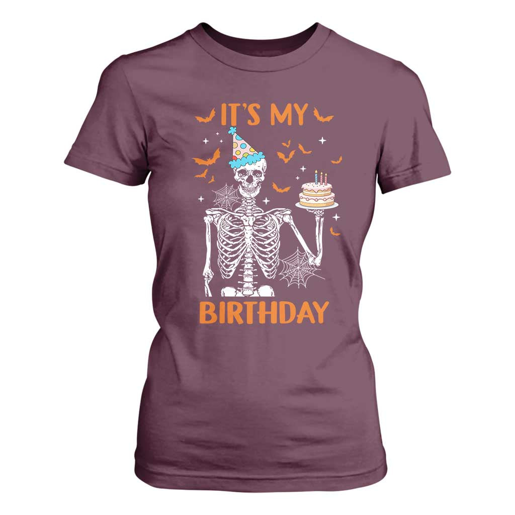 Funny Halloween Birthday T Shirt For Women Its My Bday Skeleton Cake Party TS11 Maroon Print Your Wear
