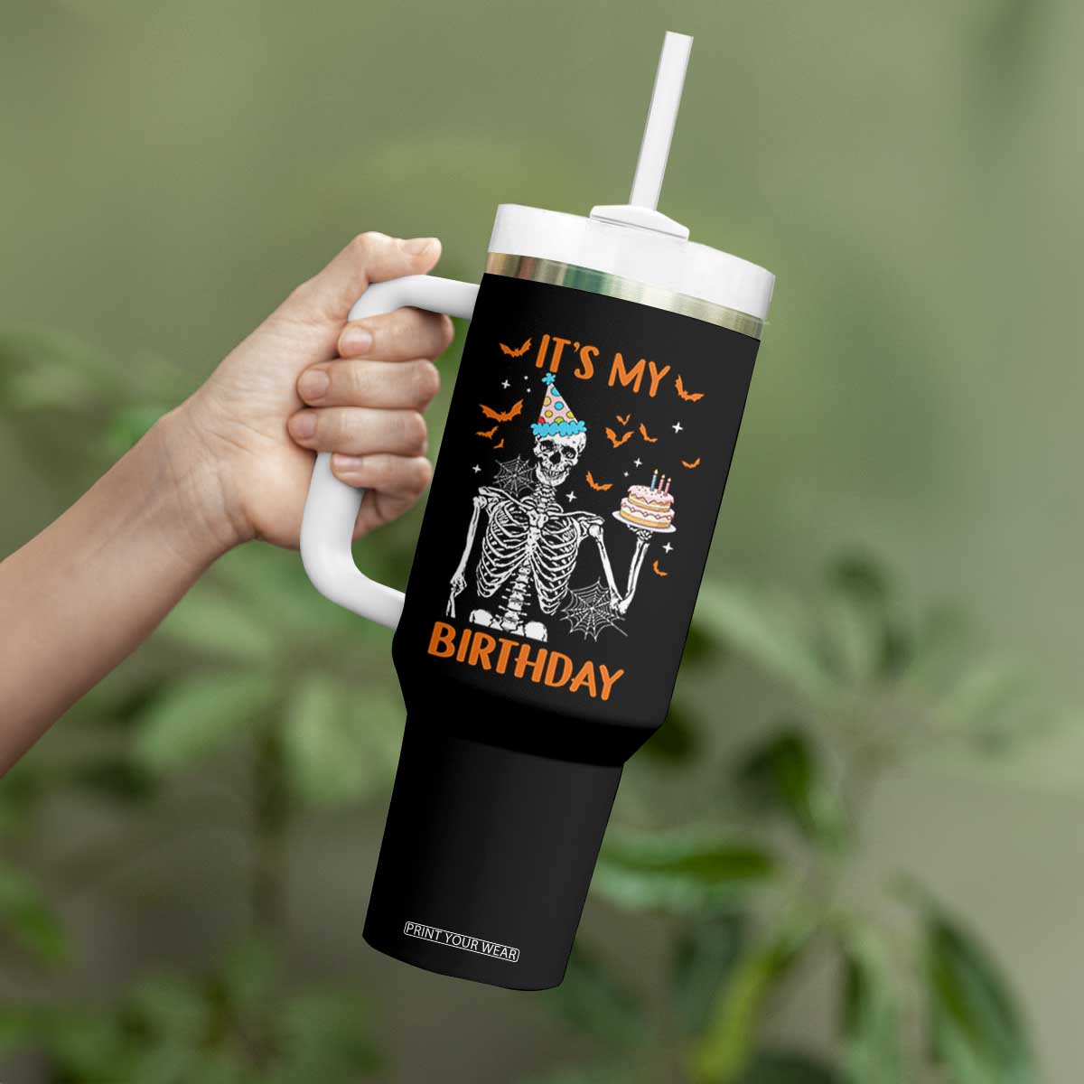 Funny Halloween Birthday Tumbler With Handle Its My Bday Skeleton Cake Party TS11 Print Your Wear