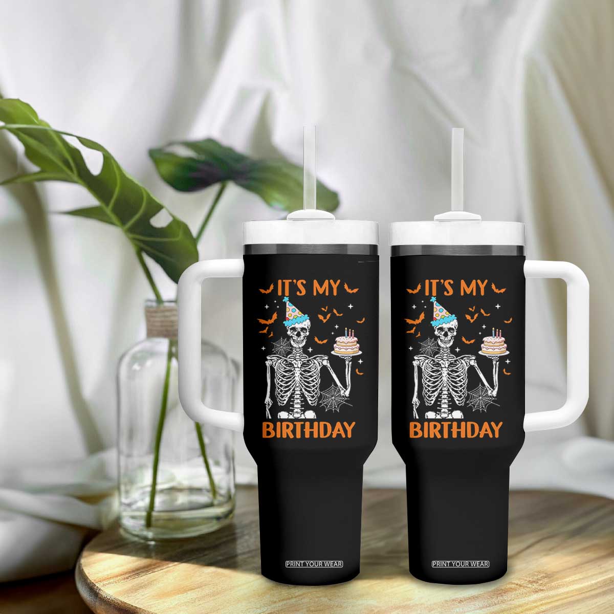 Funny Halloween Birthday Tumbler With Handle Its My Bday Skeleton Cake Party TS11 Print Your Wear
