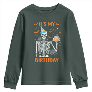 Funny Halloween Birthday Youth Sweatshirt Its My Bday Skeleton Cake Party TS11 Dark Forest Green Print Your Wear