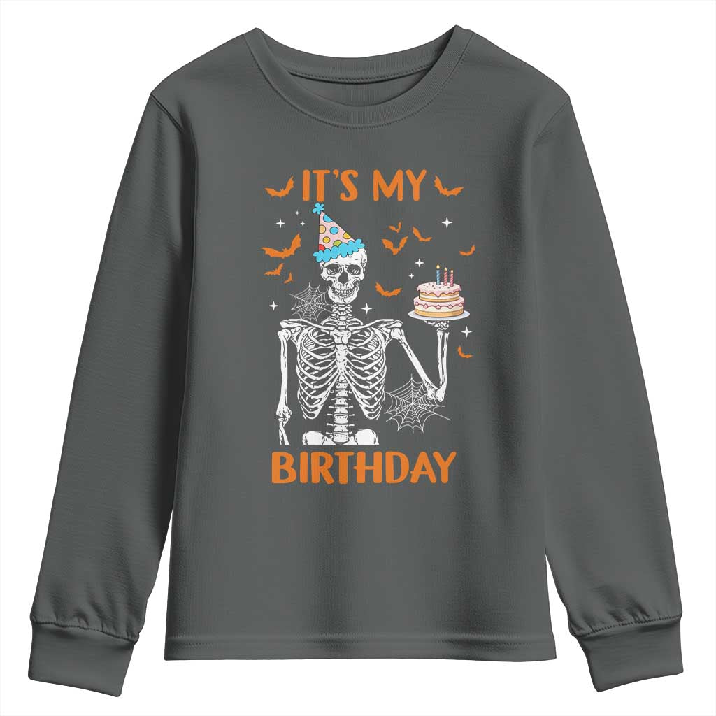 Funny Halloween Birthday Youth Sweatshirt Its My Bday Skeleton Cake Party TS11 Dark Heather Print Your Wear