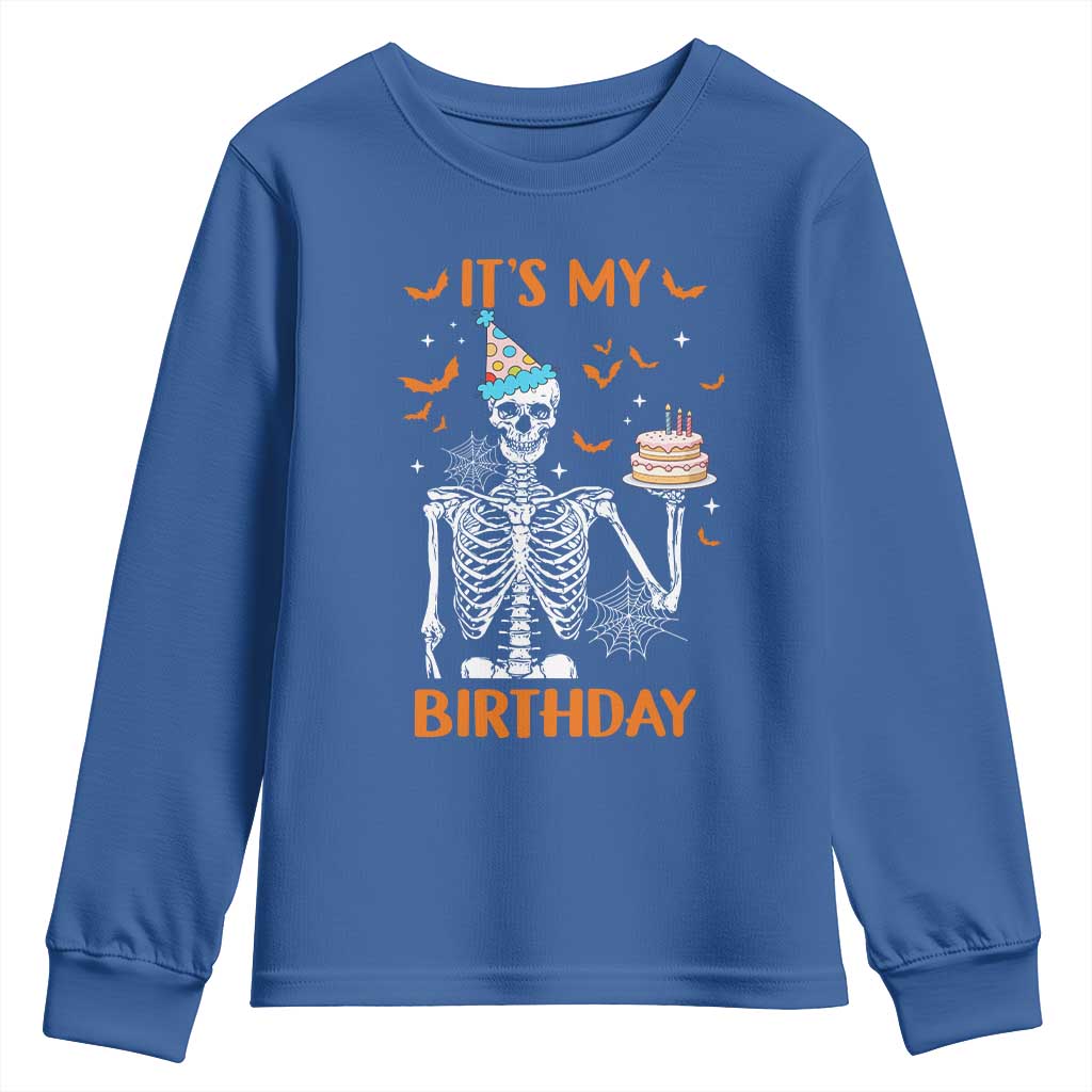 Funny Halloween Birthday Youth Sweatshirt Its My Bday Skeleton Cake Party TS11 Royal Blue Print Your Wear