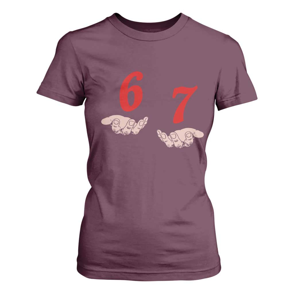 Funny 67 Six Seven Meme Hands Gesture Alpha Slang T Shirt For Women TS11 Maroon Print Your Wear