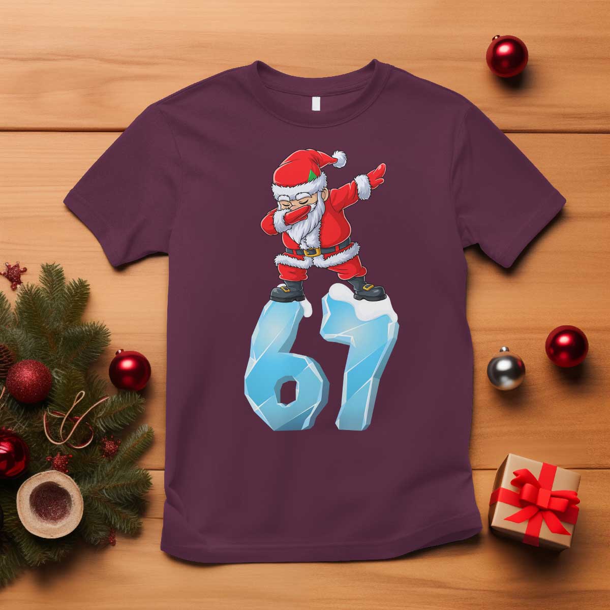 Funny 67 Christmas T Shirt Six Seven Dabbing Santa Meme Gen Alpha Slang TS11 Maroon Print Your Wear