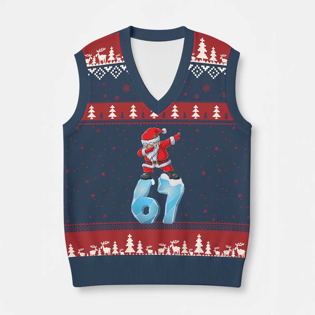 Funny 67 Xmas V-Neck Knit Sweater Vest Six Seven Dabbing Santa Meme Gen Alpha Slang TS11 Navy Red Print Your Wear