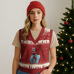 Funny 67 Xmas V-Neck Knit Sweater Vest Six Seven Dabbing Santa Meme Gen Alpha Slang TS11 Red Beige Print Your Wear
